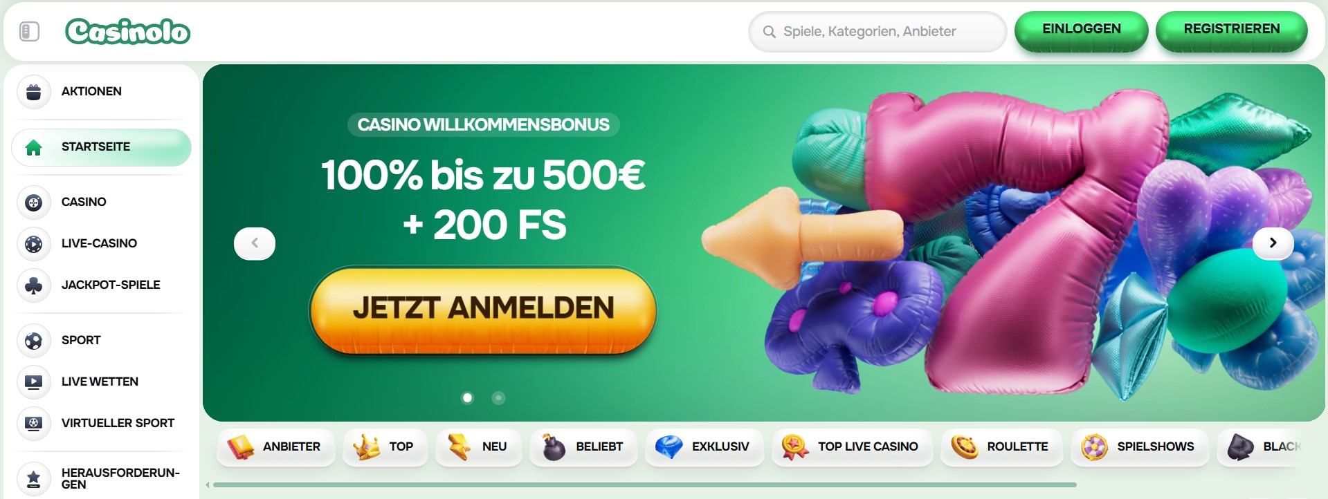 Buntes Casinolo-Willkommensbanner mit 100 % Bonus bis zu 500 € und 200 Freispiele für neue Spieler, jetzt registrieren.