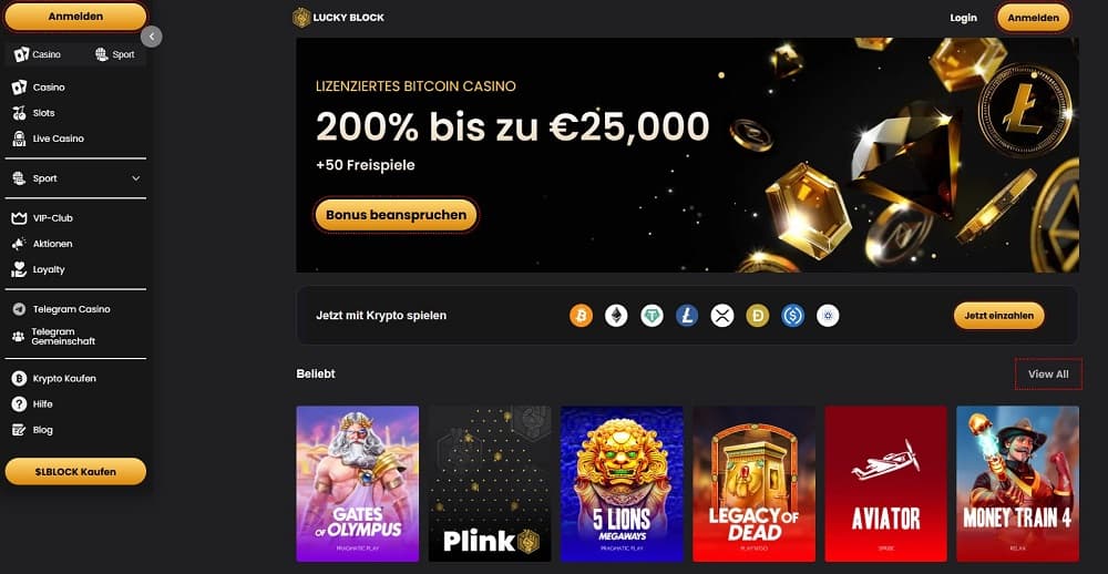Startseite eines modernen Online-Casino-Portals mit Fokus auf Crypto und Bitcoin casinos, Bonusangeboten bis zu 25.000 Euro, beliebten Spielen wie Gates of Olympus und Aviator sowie Auswahl an Kryptowährungen wie Bitcoin, Ethereum und Litecoin.
