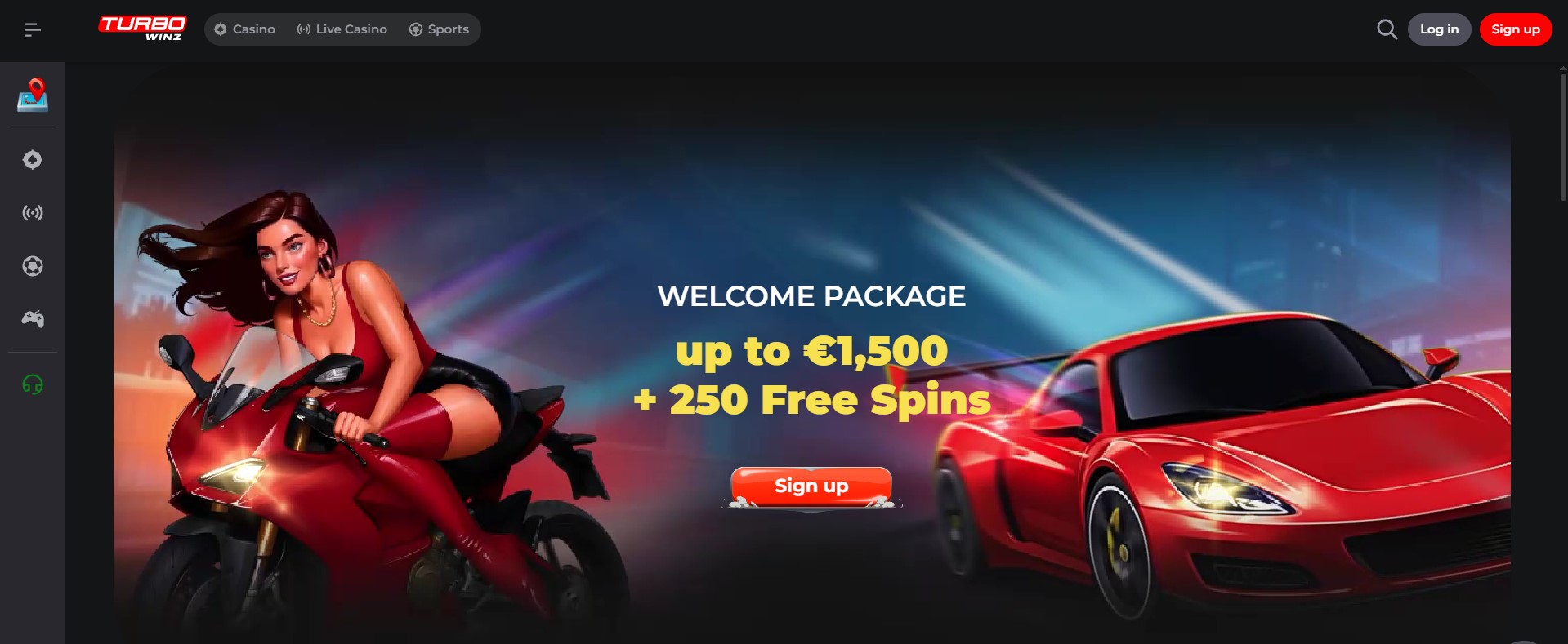 Startseite von Turbo Winz mit dunklem Design, großem Bonusbanner, rotem Sportwagen, Frau auf rotem Motorrad, Login-Schaltflächen und Werbetext für Online Casinos Schweiz im oberen Bereich.