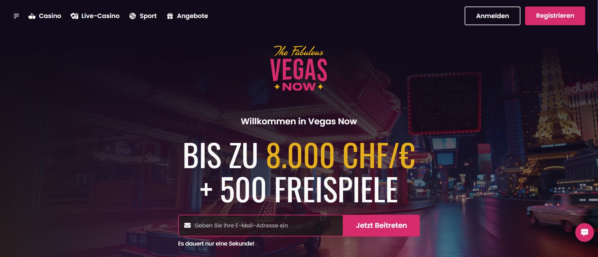 Neonbeleuchtete Las-Vegas-Straße mit Casino-Schildern, Willkommensangebot bis zu 8.000 CHF/€, ideal für Spieler im online casinos Schweiz.