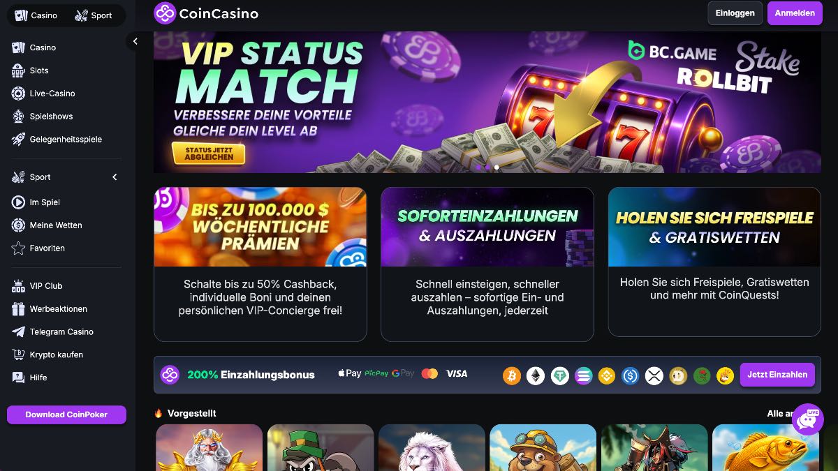 CoinCasino bietet einen modernen Krypto-first-Ansatz und ist die perfekte Option im Bereich seriöse online casinos für dich, wenn du reduzierte, aber dafür extrem schnelle und diskrete Zahlungswege über die Blockchain bevorzugst.