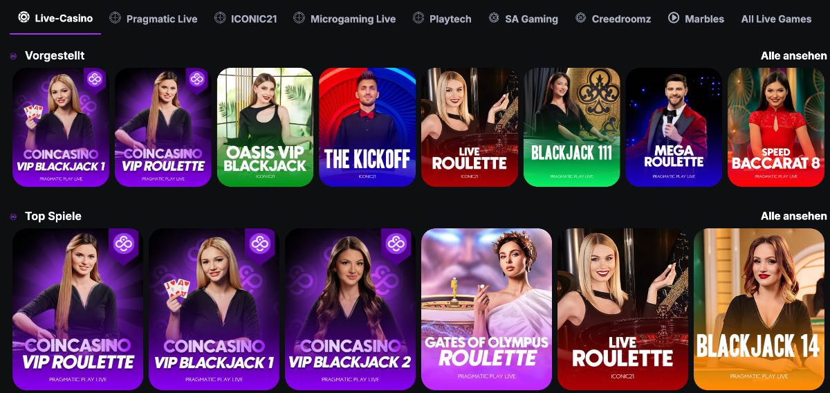 Live Casino Angebot bei CoinCasino
