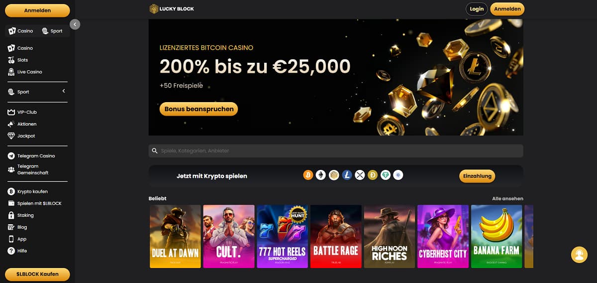Lucky Block gehört zu den technologisch fortschrittlichsten online casinos und lockt mit einem massiven 200 % Krypto-Bonus von bis zu 25.000 €. Abgerundet wird das Krypto-Erlebnis durch integrierte Sportwetten und transparente Provably-Fair-Spiele.