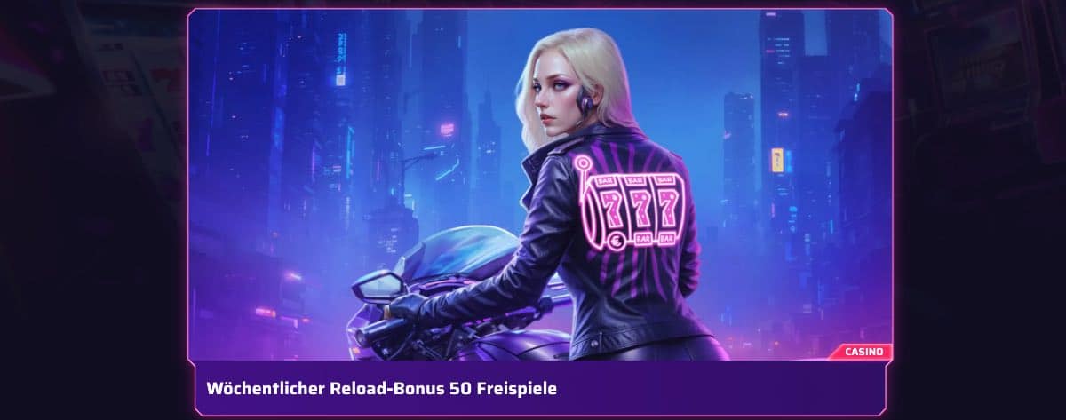 Werbebanner von Roby Casino mit einer blonden Motorradfahrerin in futuristischer Neonstadt und Hinweis auf 50 wöchentliche Reload-Freispiele für Online Casinos Schweiz.