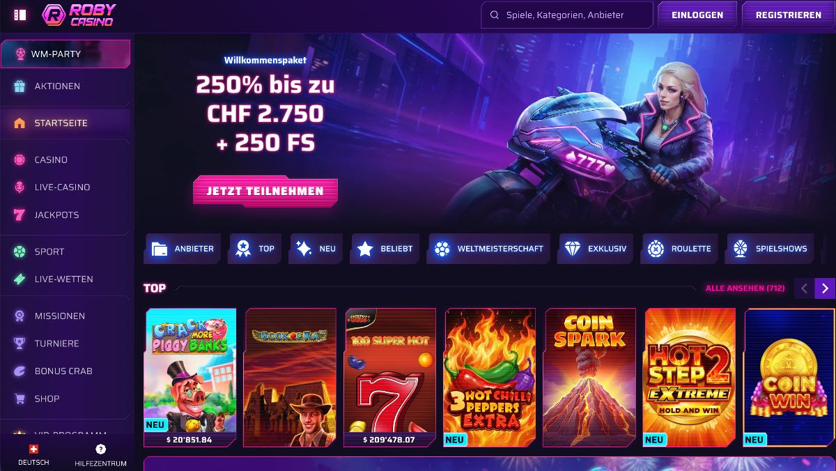 Roby Casino kombiniert einen ausgeprägten Live-Casino-Schwerpunkt mit einer flexiblen, breiten Kasse. Dank des CHF-nahen Gesamtbildes fügt sich der Anbieter nahtlos in das Suchschema für seriöse online casinos ein.