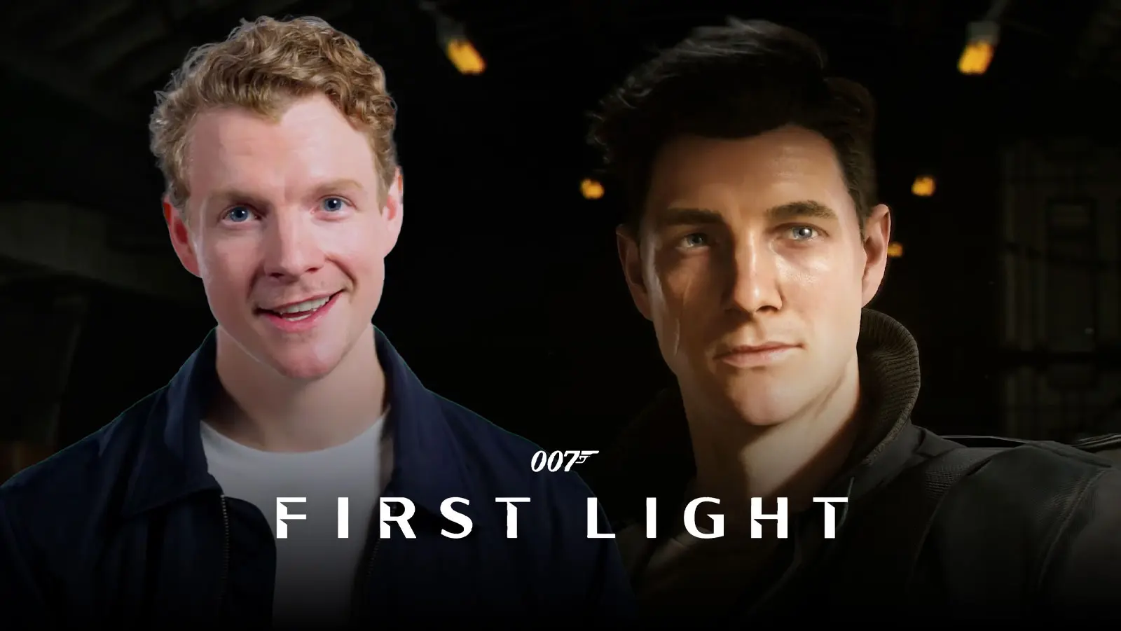 Side-by-side comparison of a man and a digital character model with 007 First Light text overlay