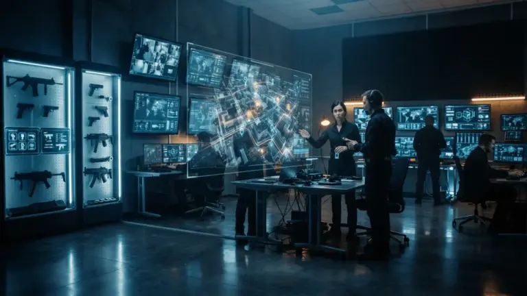 Tactical spy operations center with holographic mission maps and weapon displays