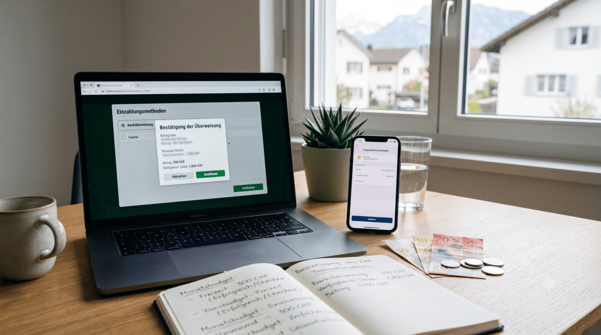 Ein Laptop auf einem Holzschreibtisch zeigt die Bestätigung einer sicheren Banküberweisung für ein Online Casino Schweiz, daneben liegen ein Smartphone, Schweizer Franken und ein Notizbuch mit Budgetplanung.