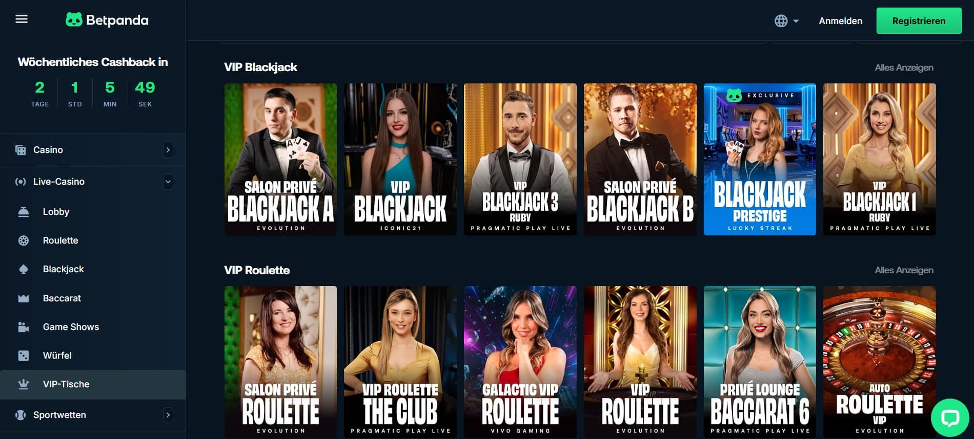 Eine Werbegrafik von Betpanda mit einem Angebot für einen 100% Bonus bis zu 1 BTC. Die Grafik zeigt eine Person mit einer goldenen Pistole und einem Pelzmantel. Links sind verschiedene Kategorien wie Casino, Live Casino, Sports, Esport und Werbeaktionen aufgelistet. Ein Countdown für den wöchentlichen Cashback ist ebenfalls sichtbar.