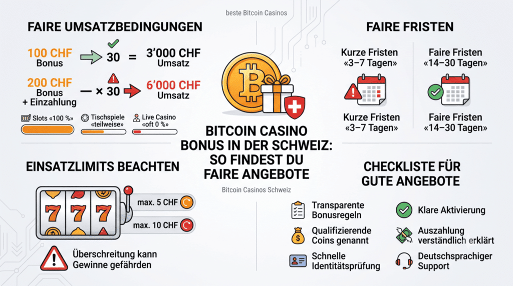 Alt-Text: Übersichtliche Infografik zum Thema Bitcoin Casino Bonus in der Schweiz mit Kriterien für faire Angebote bei beste Bitcoin Casinos.