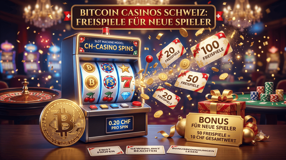 Eine detaillierte Werbegrafik für Bitcoin Casinos in der Schweiz, die Freispiele für neue Spieler bewirbt. Ein festlicher Spielautomat im Zentrum zeigt Walzen mit Bitcoin-Symbolen und die Aufschrift „CH-CASINO SPINS“. Aus der Maschine fliegen Gutscheine mit Aufschriften wie „100 FREISPIELE“ und „50 FREISPIELE“. Daneben befinden sich eine grosse Bitcoin-Münze, ein Geschenk und eine goldene Plakette, die einen Bonus im Gesamtwert von 10 CHF ankündigt. Im Vordergrund liegen Warnhinweise zu Bonusbedingungen.