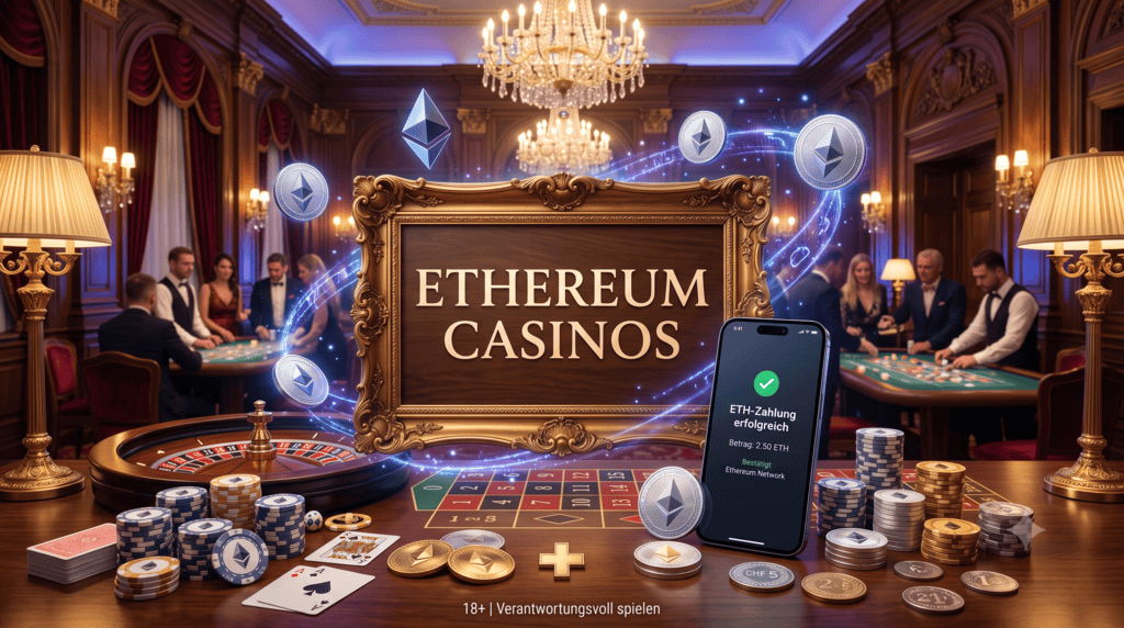 Luxuriöses Schweizer Casino-Interieur mit einem grossen Schild mit der Aufschrift Ethereum Casinos, schwebenden Krypto-Münzen, einem Roulettetisch voller Jetons und einem Smartphone, das eine erfolgreiche ETH-Zahlung anzeigt.
