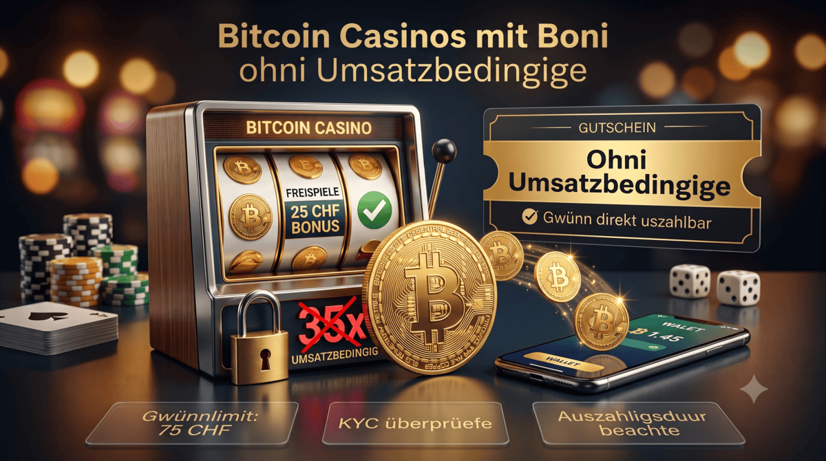 Alt-Text: Werbegrafik für Bitcoin Casinos mit Bonusangeboten ohne Umsatzbedingungen, bestehend aus einem Spielautomaten mit 25 CHF Bonus, Bitcoin-Münzen, Crypto-Wallet und einem Gutschein.