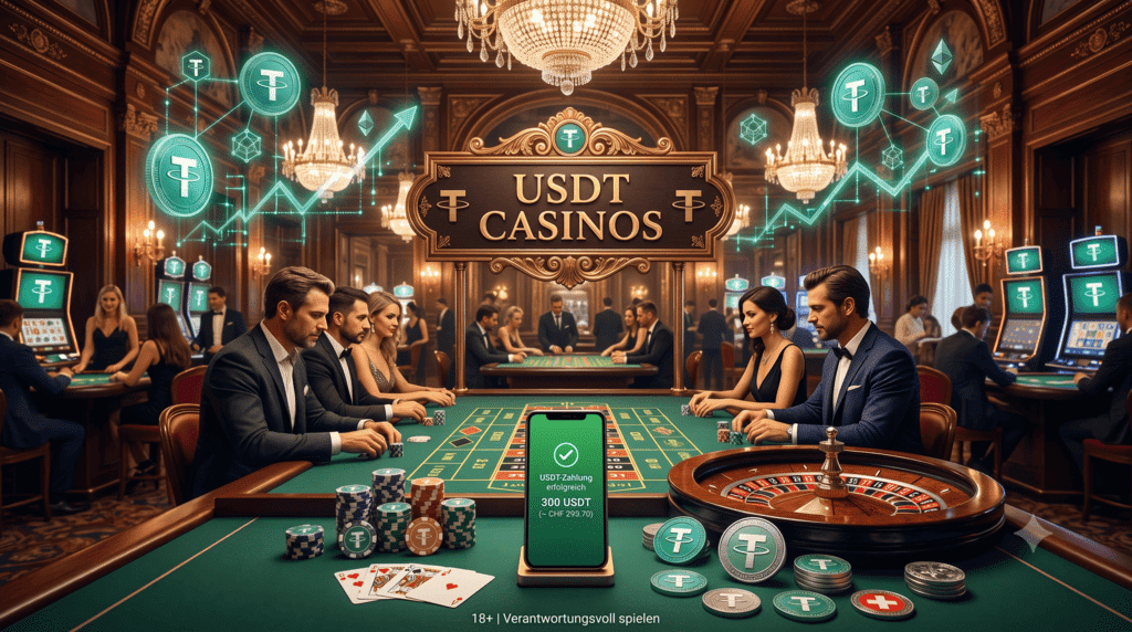 Ein luxuriöses Schweizer Casino-Interieur, in dem elegant gekleidete Gäste an Spieltischen sitzen. Ein prominentes, beleuchtetes Schild über den Tischen zeigt die Aufschrift „USDT Casinos“. Im Vordergrund steht ein Smartphone mit einer Bestätigung für eine erfolgreiche USDT-Zahlung von 300 USDT, umgerechnet in CHF. Schwebende, leuchtende grüne Krypto-Symbole und Netzwerklinien durchziehen den Raum.