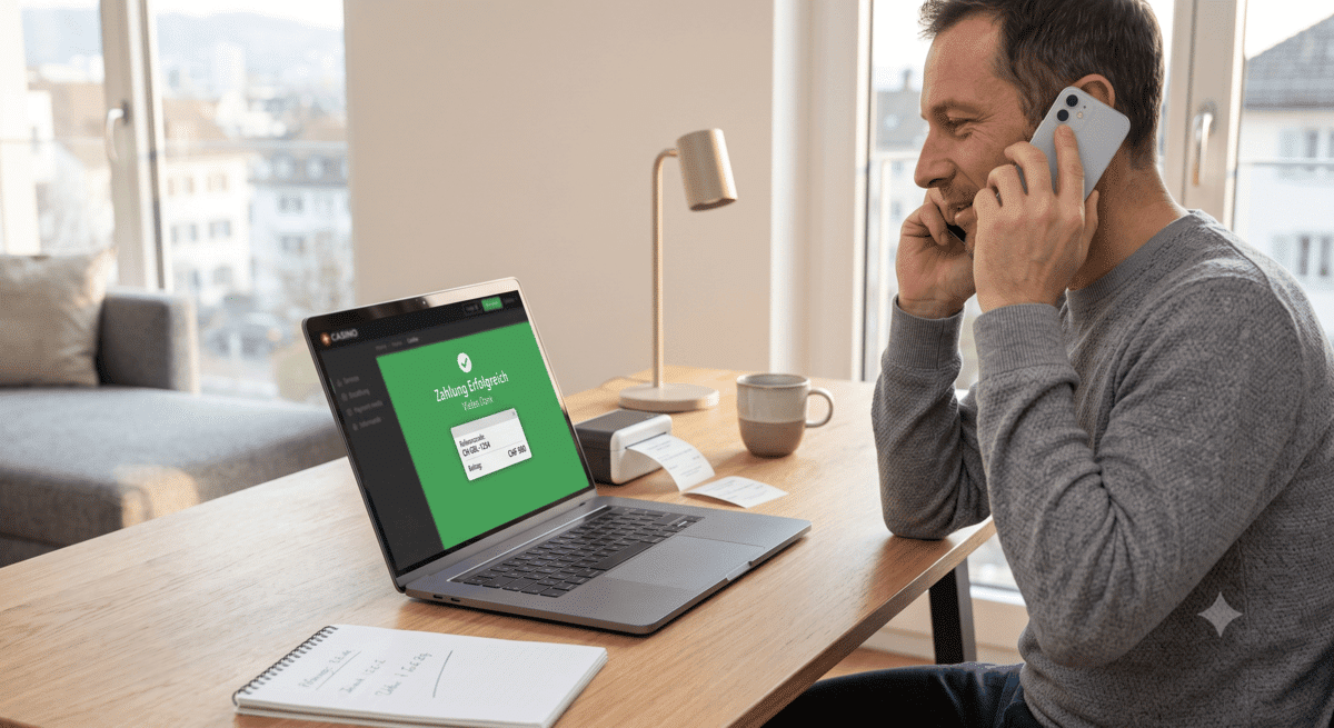 Ein Mann im hellen Homeoffice telefoniert entspannt an einem Holztisch, während auf seinem Laptop-Bildschirm die grüne Bestätigung „Zahlung erfolgreich“ für ein Online Casino Schweiz mit dem Betrag „CHF 500“ zu sehen ist.