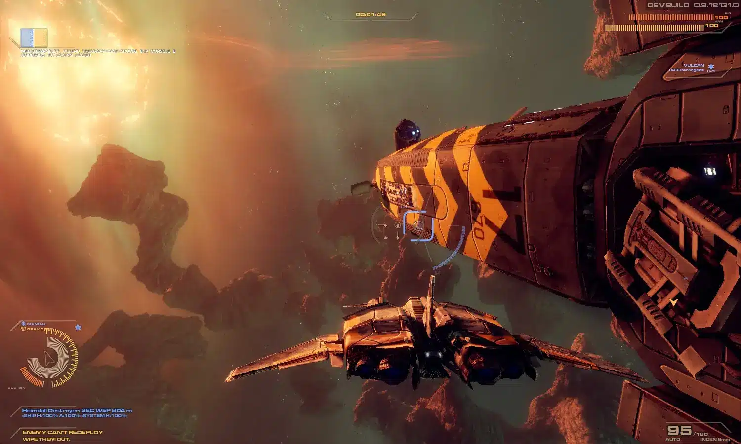 A space battle scene featuring a sleek starfighter near an industrial spaceship.