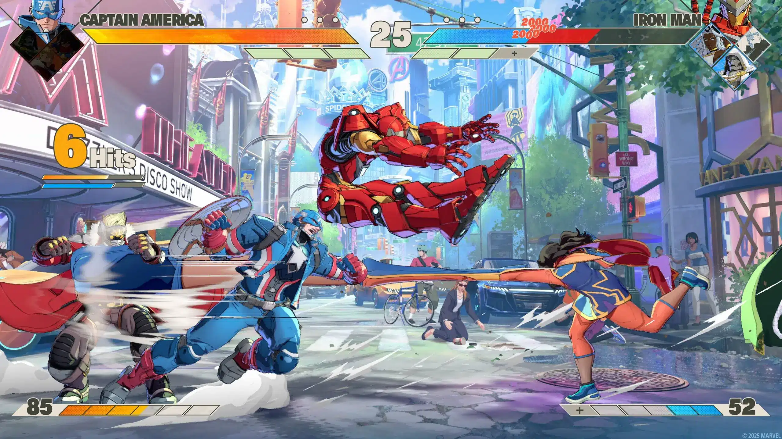 Captain America and Iron Man in a colorful fighting game scene.