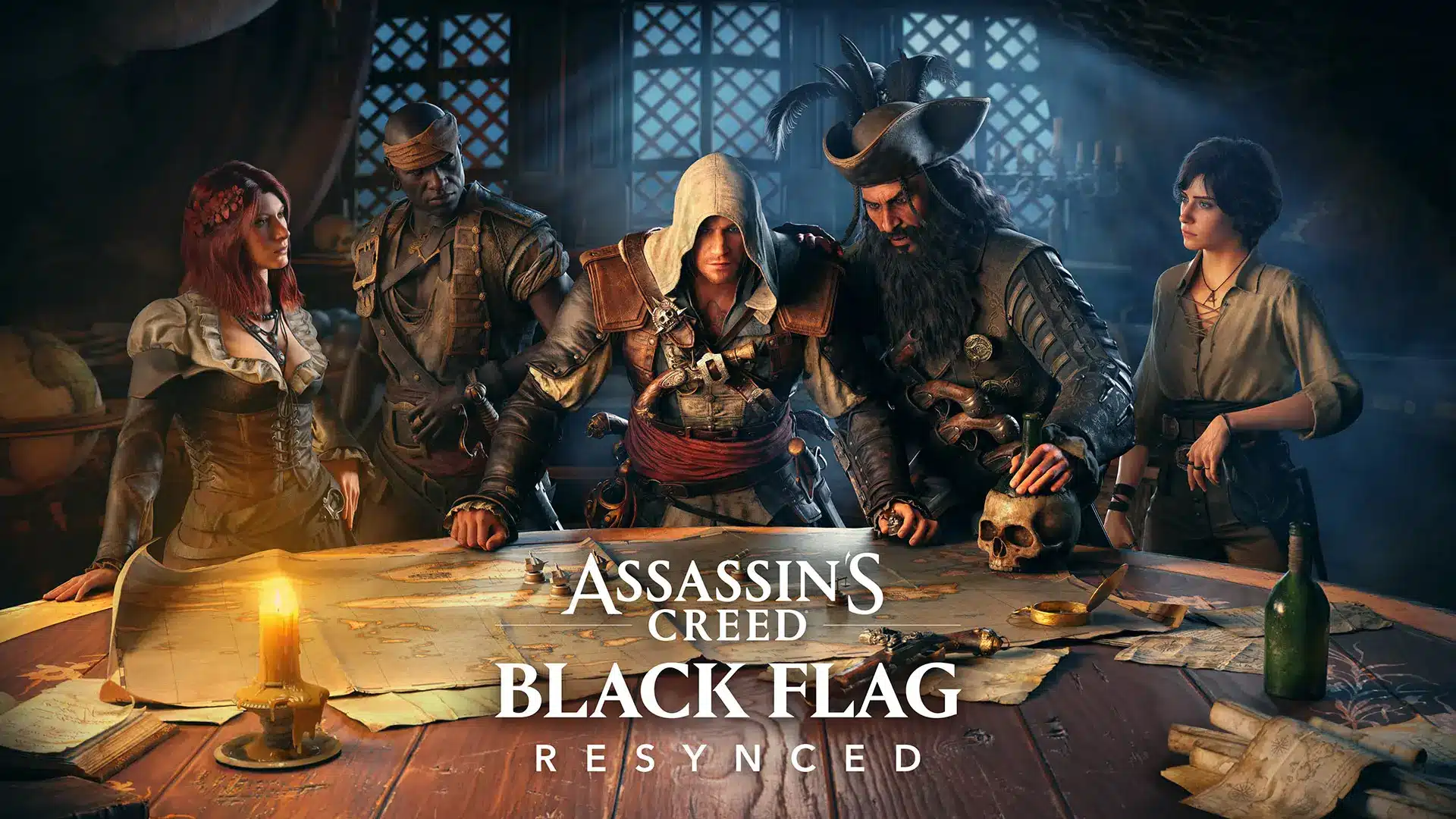Characters from Assassin's Creed Black Flag gathered around a map on a table.