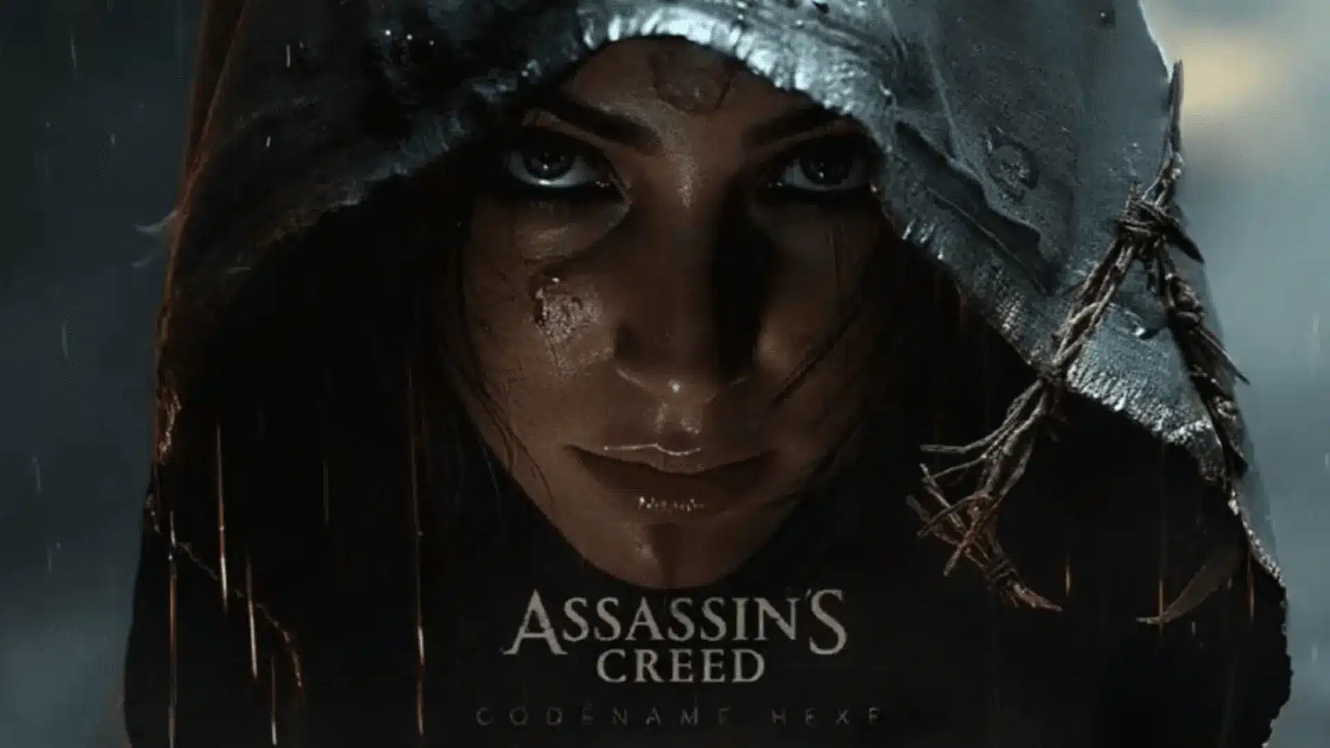 Close-up of a character from Assassin's Creed Codename Hexe with a hood and rain.