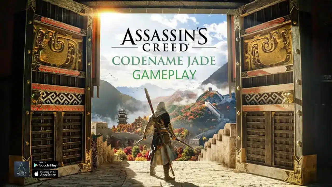 Character from Assassin's Creed Codename Jade standing at an ornate gate overlooking a landscape.