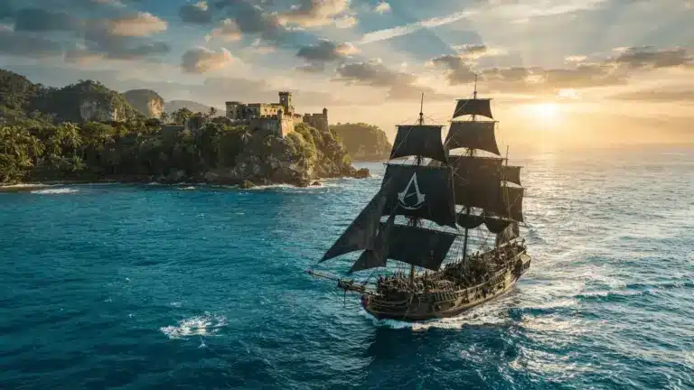 Pirate ship with black sails navigating Caribbean waters at sunset in Assassin's Creed style