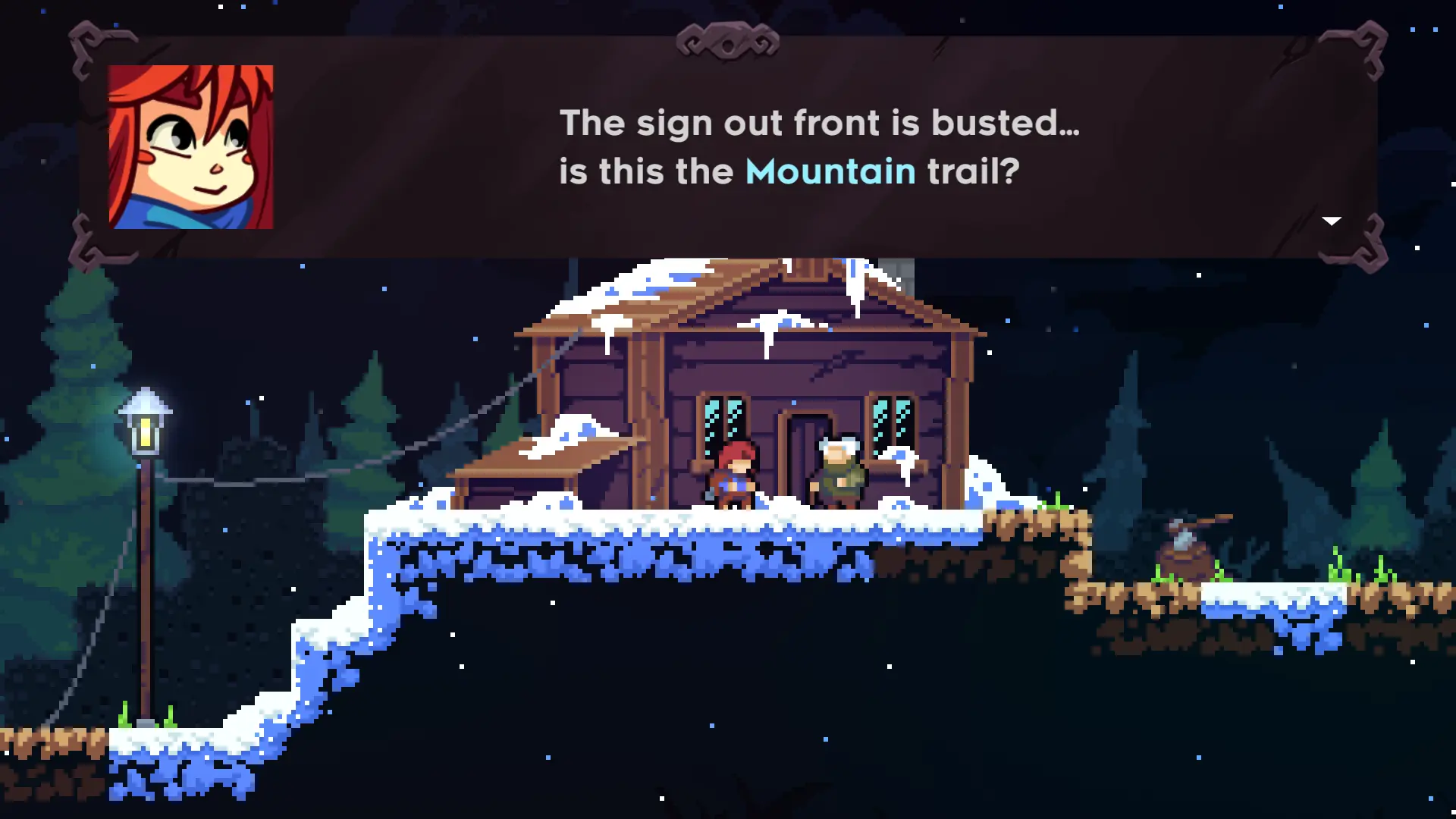 A snowy game scene featuring two characters in front of a cabin with dialogue.