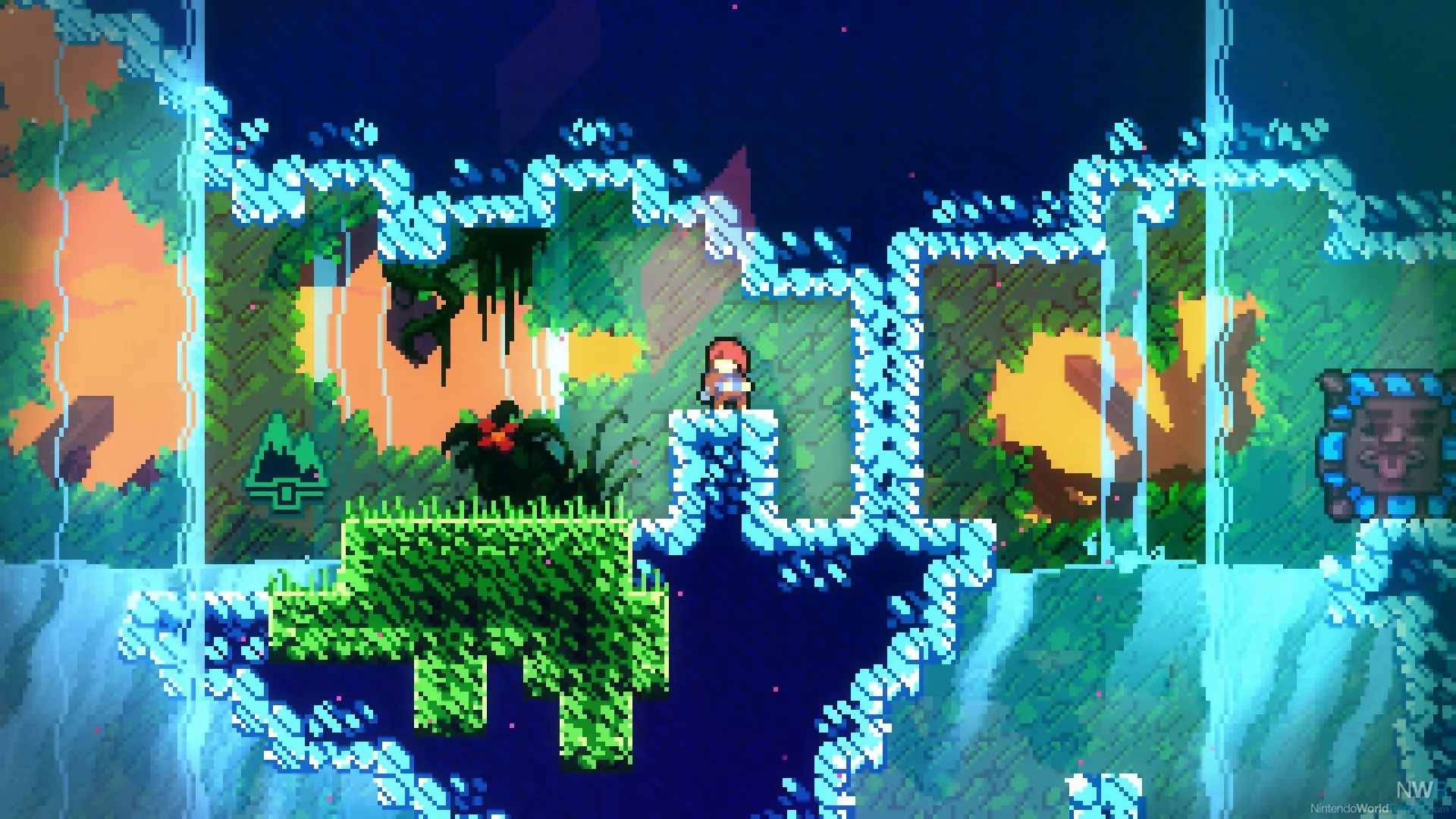 A colorful pixel art scene from the game Celeste, showcasing a character in a vibrant environment.