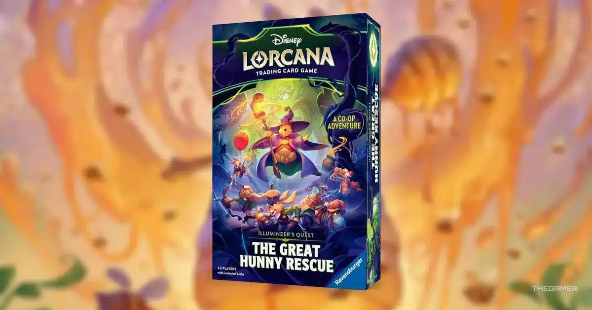 Box art for Disney Lorcana: The Great Hunny Rescue co-op adventure game featuring Winnie the Pooh characters.