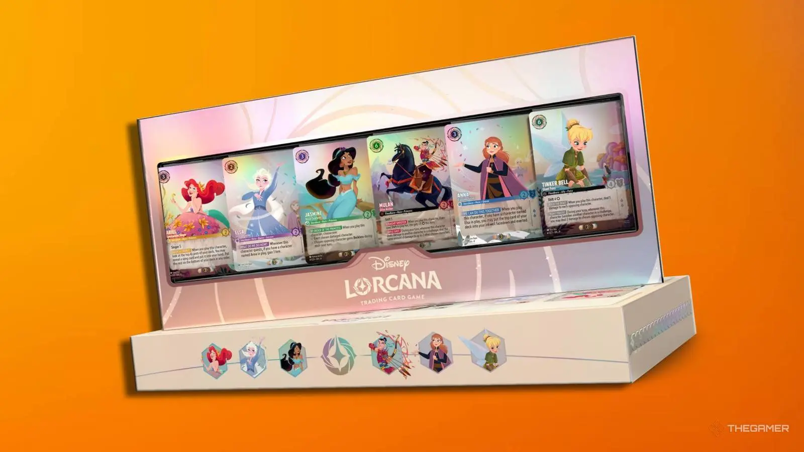 Disney Lorcana Heroines Edition card box featuring Ariel, Elsa, Jasmine, Mulan, Anna, and Tinker Bell cards.