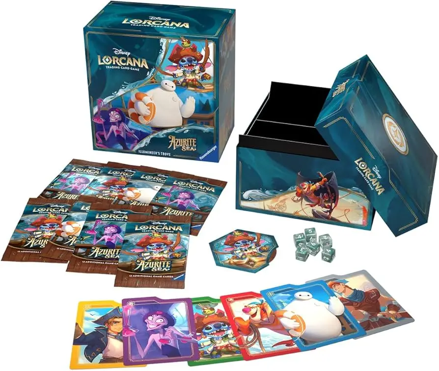 Disney Lorcana Azurite Sea Illumineers Trove including storage box, booster packs, cards, and dice