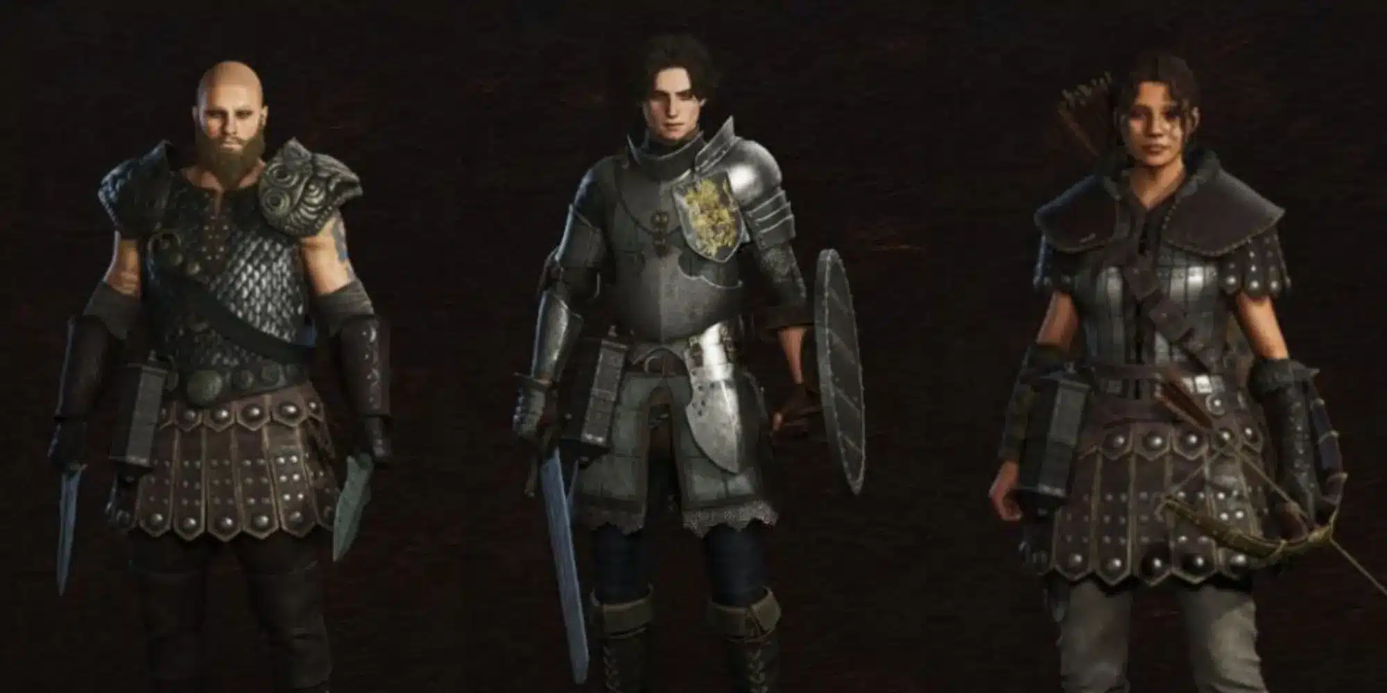 Three characters in distinct armor sets from Dragon's Dogma 2, featuring swords and shields.