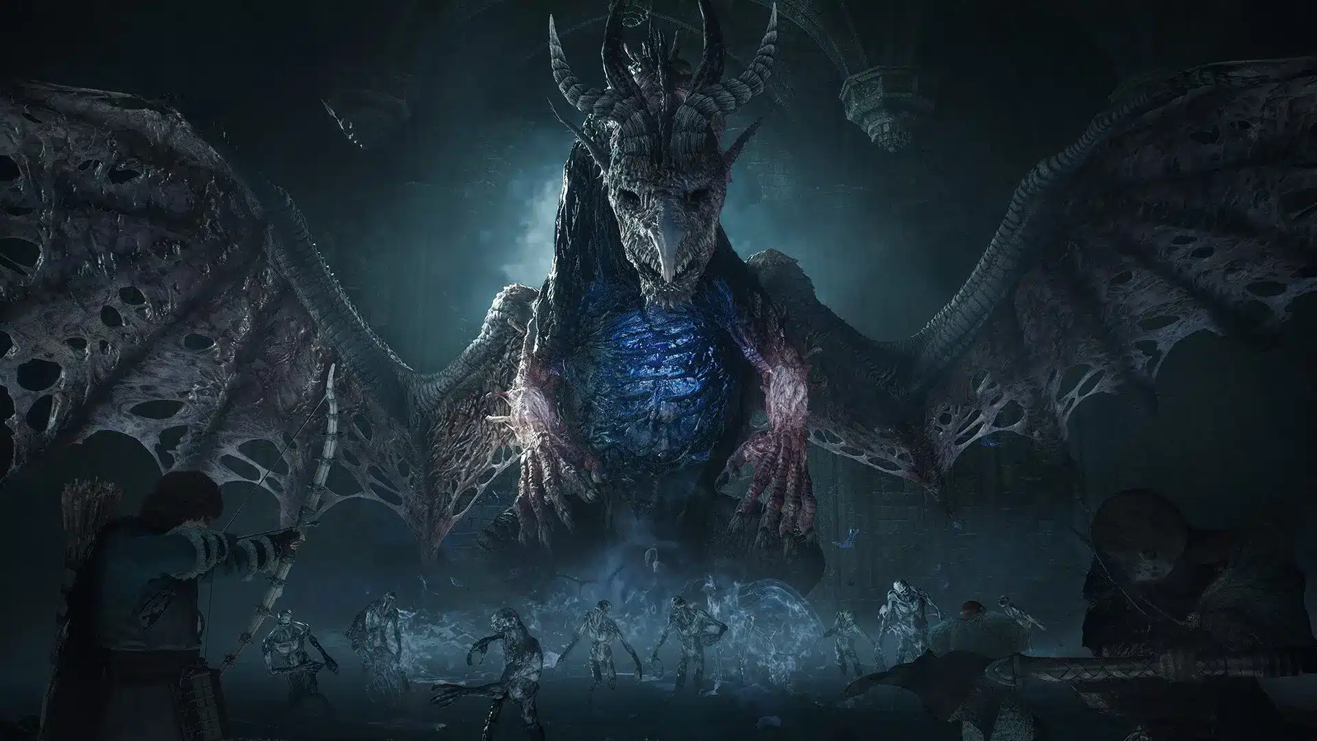 A dragon with detailed wings and glowing chest dominates a dark scene with characters fighting undead.