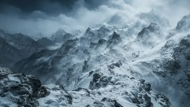 Treacherous snowy mountain peaks with intense blizzard in Dragon's Dogma 2 Dark Arisen expansion