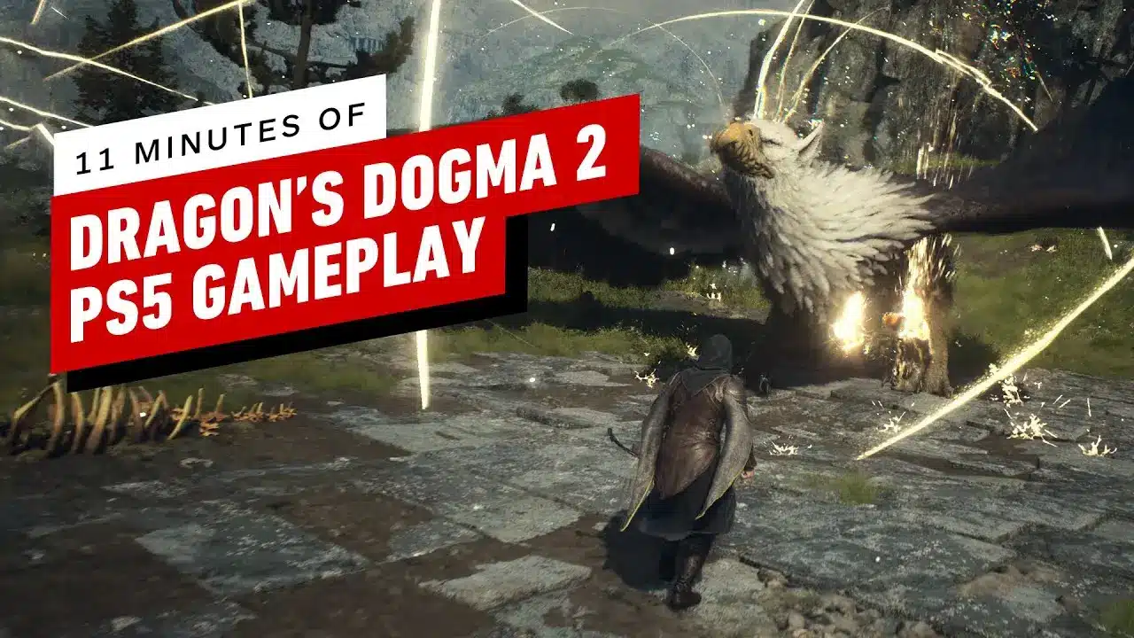 Gameplay from Dragon's Dogma 2 showing character battling a griffin.