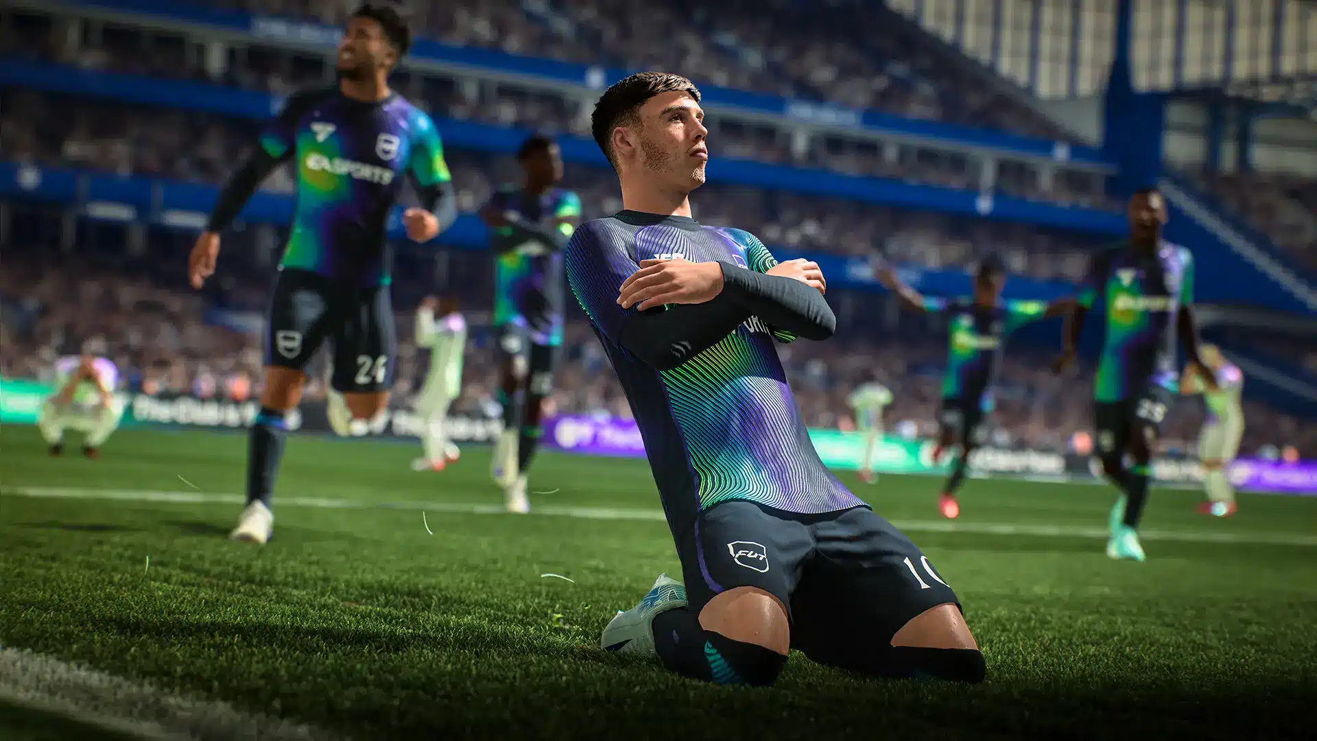 Gameplay screenshot from EA Sports FC showing a player celebrating on the field.