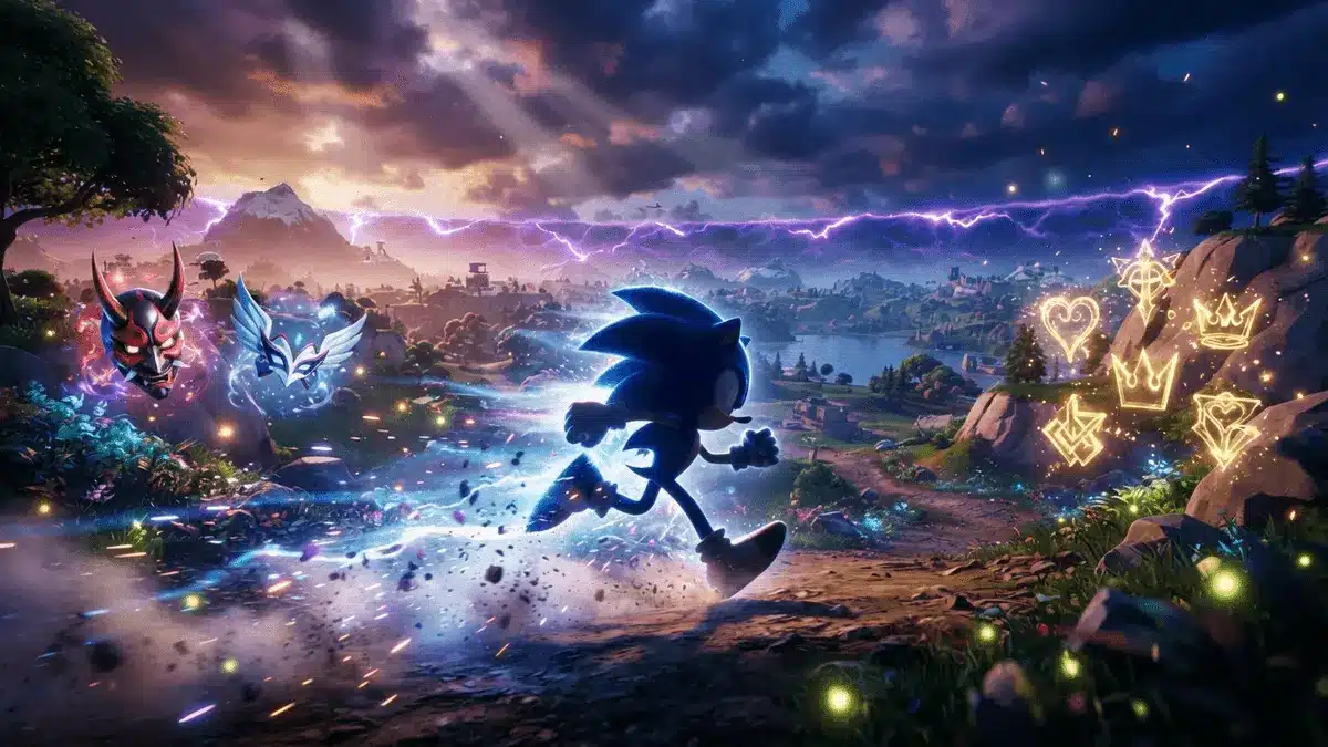 Fortnite Gaming Legends Season 4 with Sonic, Persona, and Kingdom Hearts elements in battle royale setting