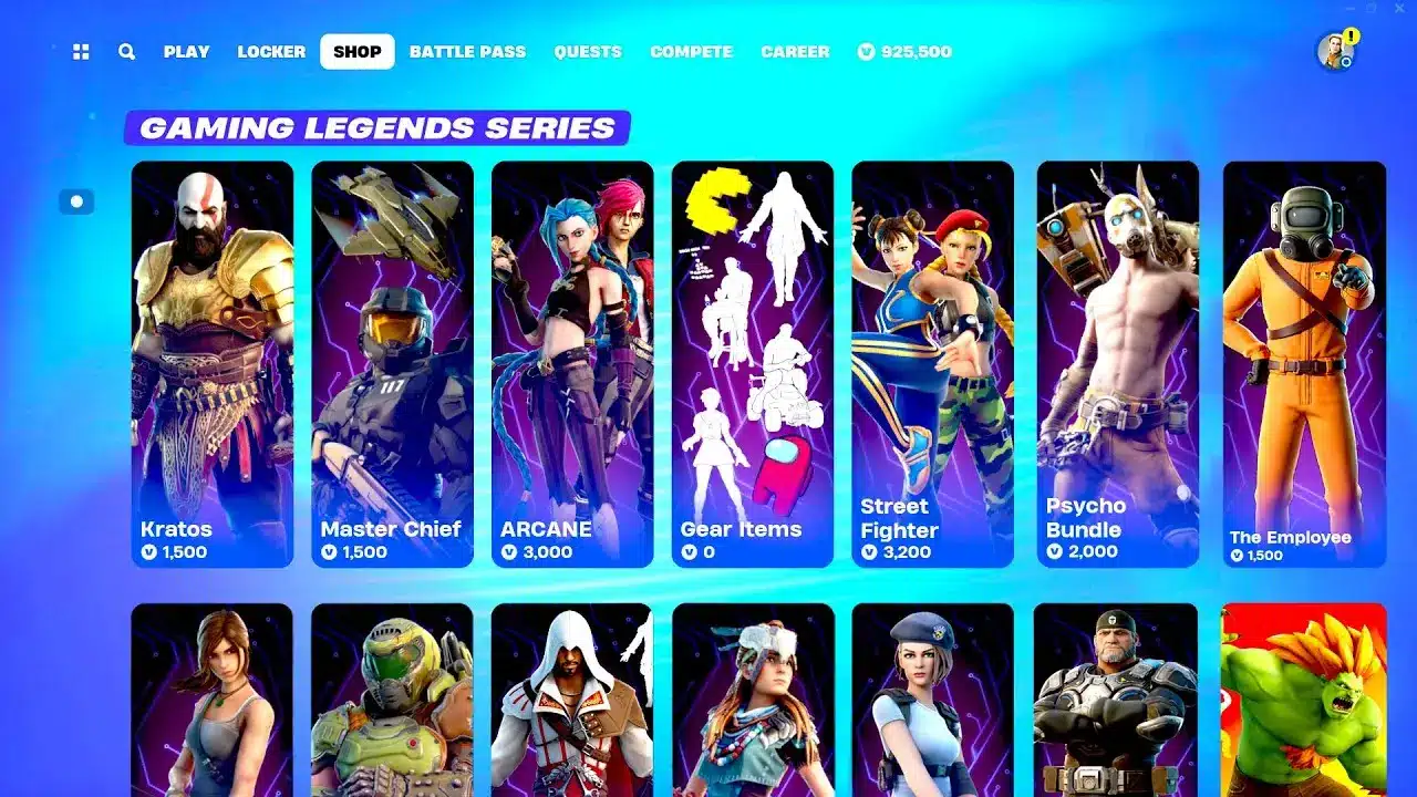 Fortnite Gaming Legends Series skins including Kratos and Master Chief.