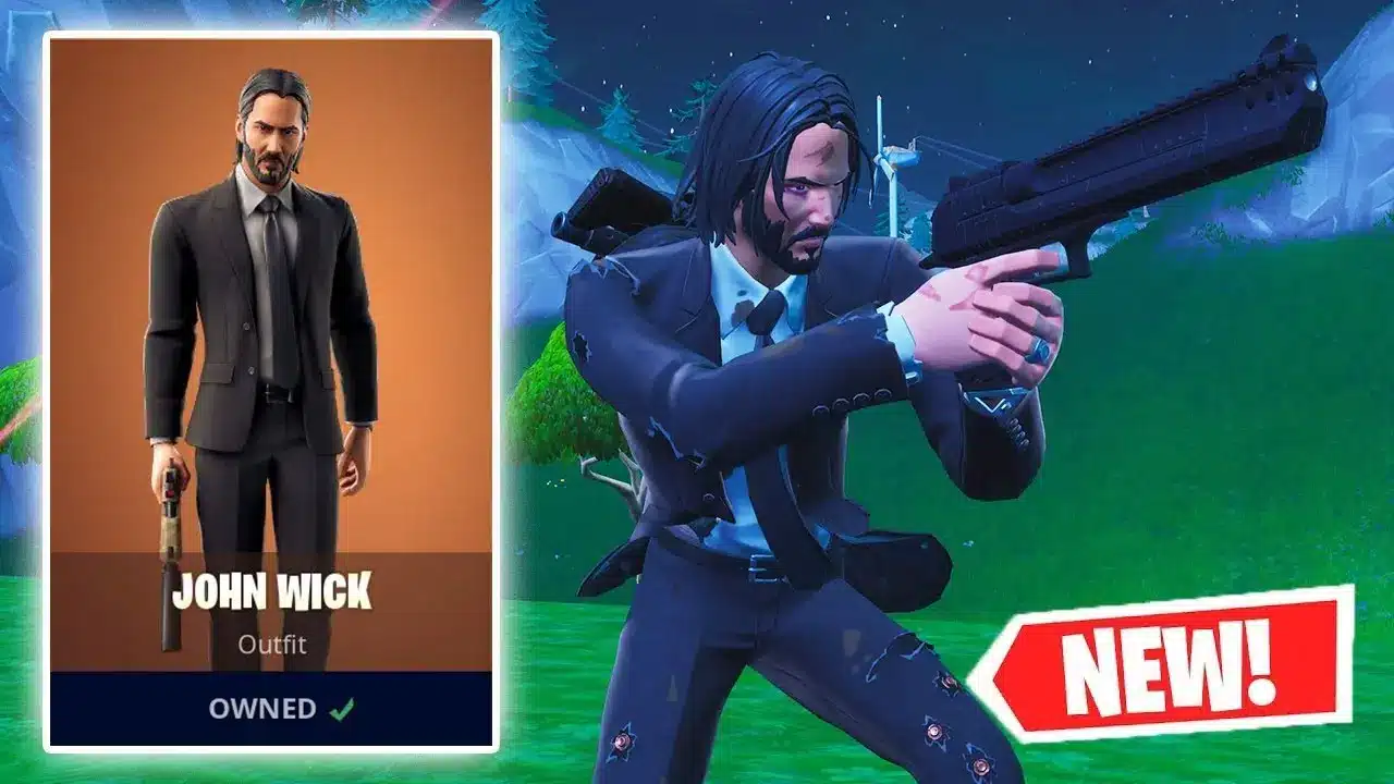 Fortnite character John Wick holding a weapon in a game environment.