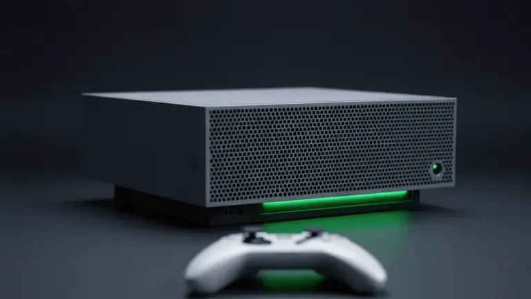Xbox Series console with green lighting and white controller in dramatic studio setting