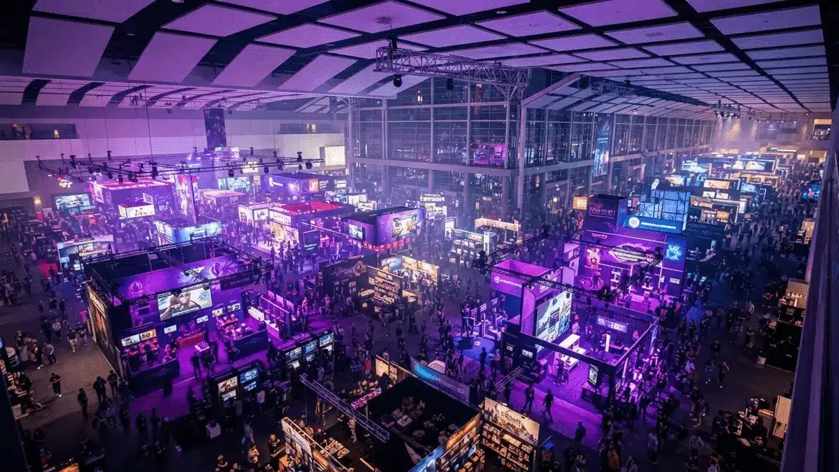 Aerial view of massive gaming exhibition hall filled with booths and vibrant lighting at Gamescom