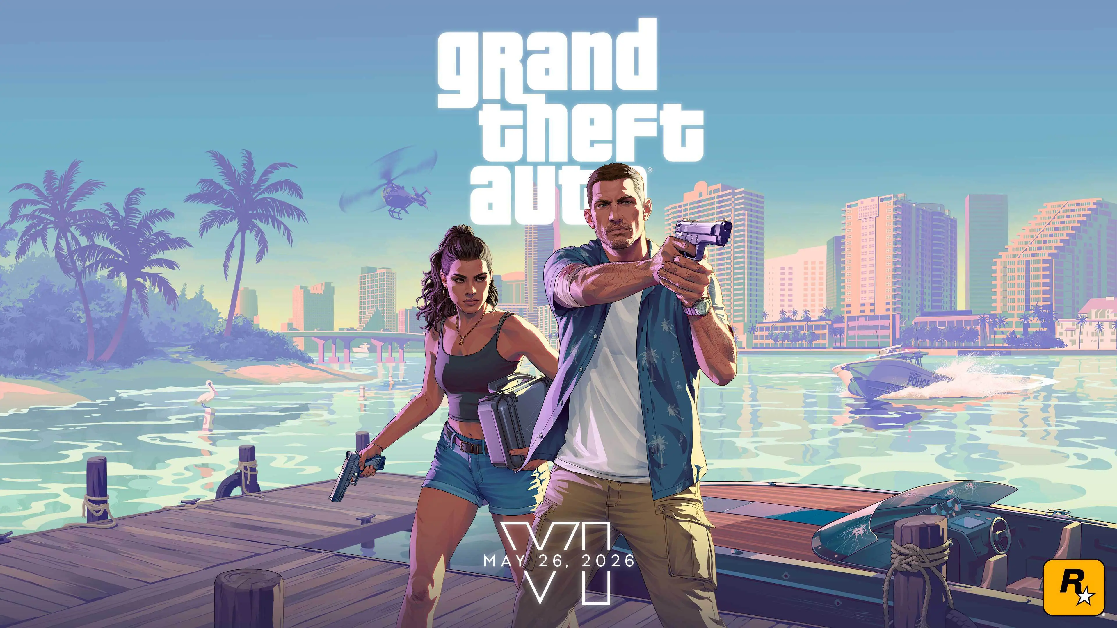 Official key art for GTA 6 featuring two characters with guns near a body of water.