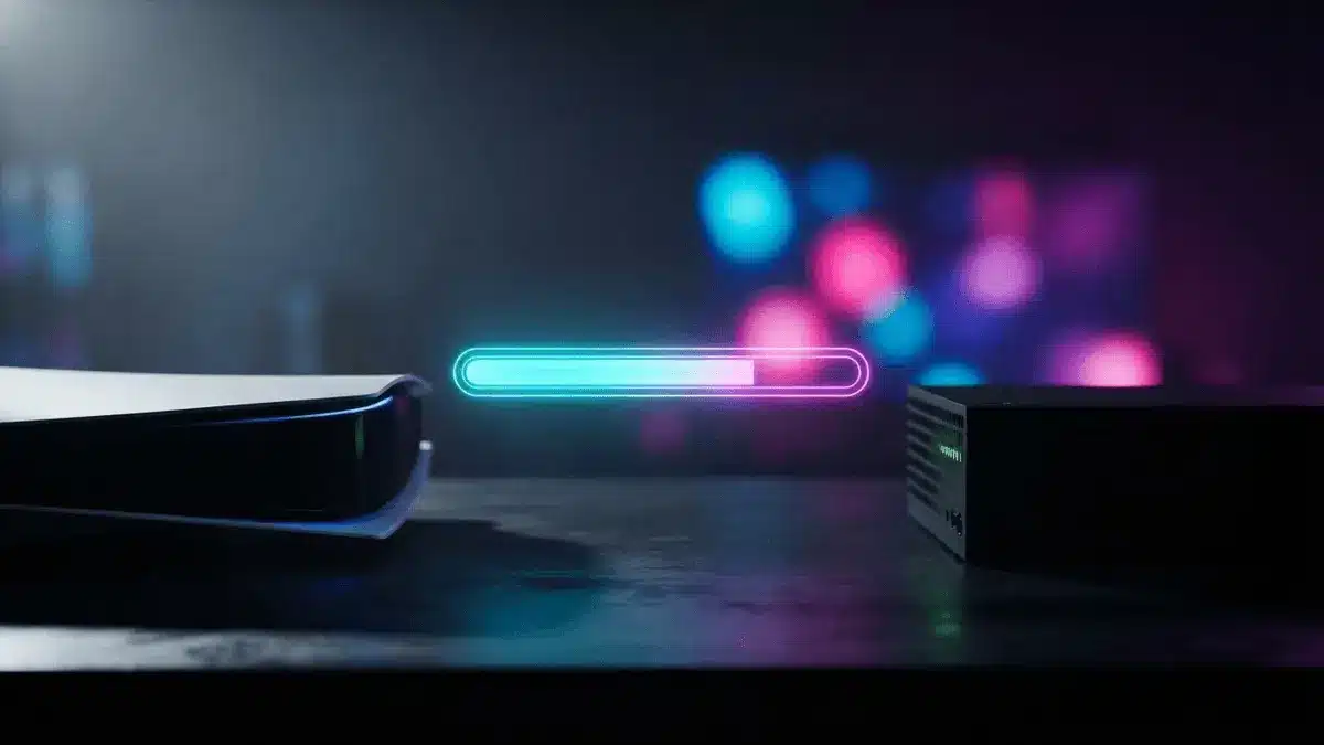 PS5 and Xbox Series X consoles with holographic download progress bar in neon lighting