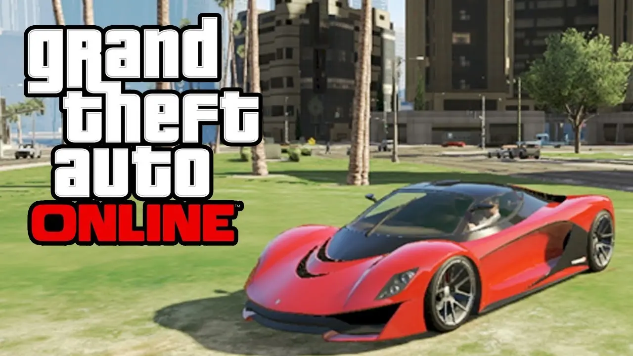 Grotti sports car parked on a lawn in GTA Online with city backdrop.