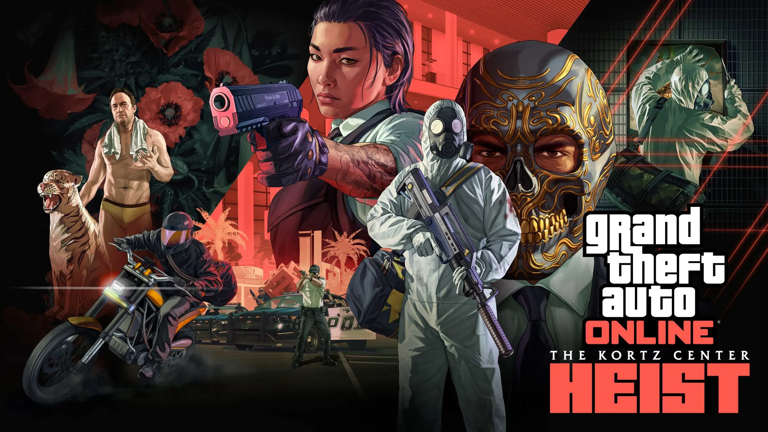 Promotional artwork for GTA Online featuring the Kortz Center heist themes.