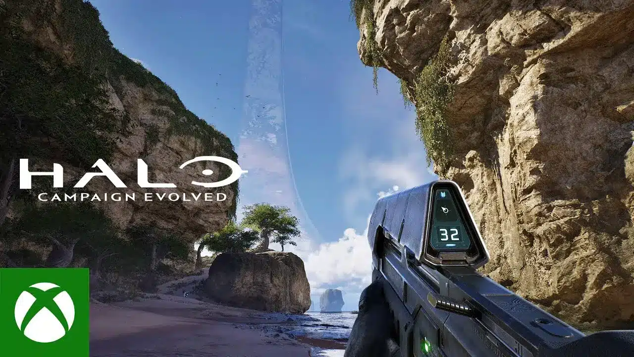 A landscape scene from Halo Campaign Evolved featuring rocky terrain and a weapon.