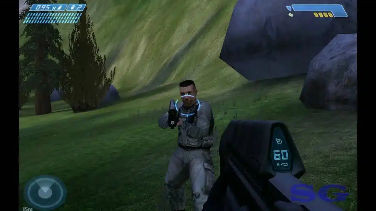Gameplay screenshot from Halo Combat Evolved featuring a soldier in a forest.