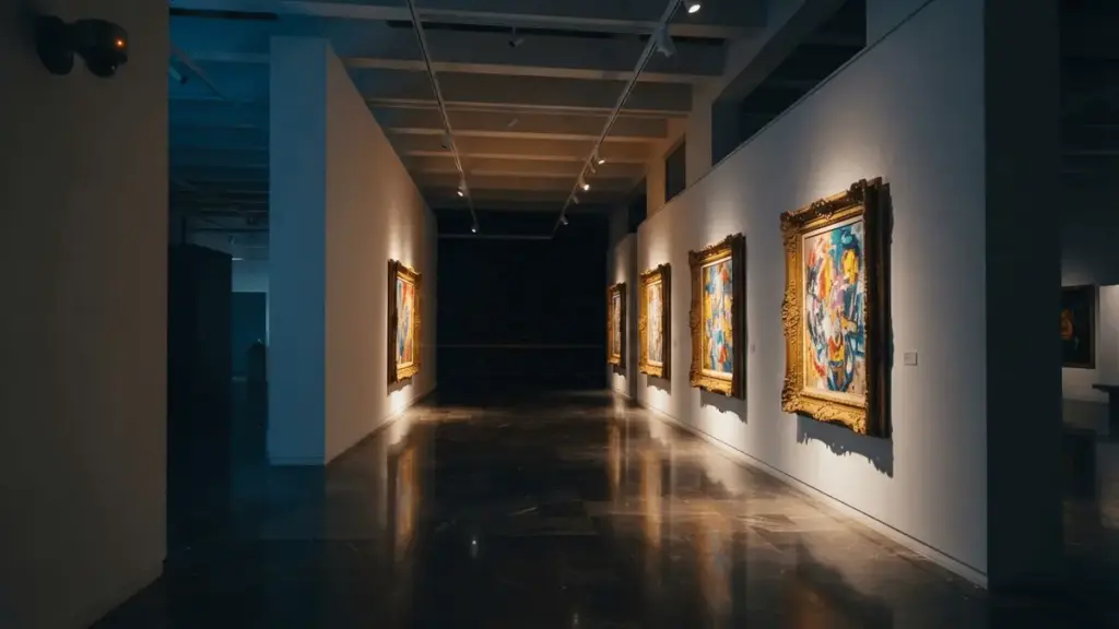 Luxury art gallery interior with paintings and dramatic lighting representing GTA Online Kortz Center Heist