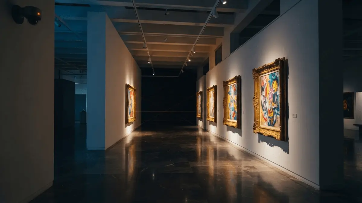 Luxury art gallery interior with paintings and dramatic lighting representing GTA Online Kortz Center Heist