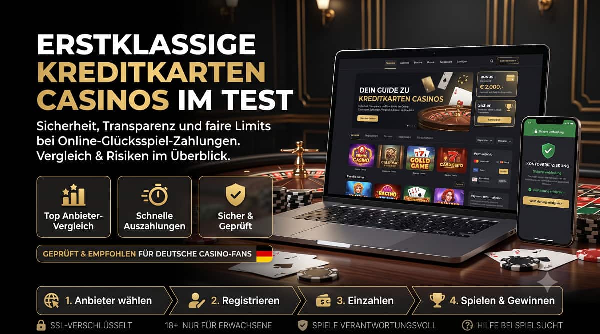 Ein Premium-SEO-Hero-Banner für Kreditkarten Casinos in einem eleganten Schwarz-Gold-Design mit einem Laptop und einem Smartphone, die sichere Online-Glücksspiel-Zahlungen zeigen. Die Grafik enthält strukturierte deutsche Texte zu Anbietern, schnellen Auszahlungen und verantwortungsvollem Spielen auf einem edlen Casinotisch.