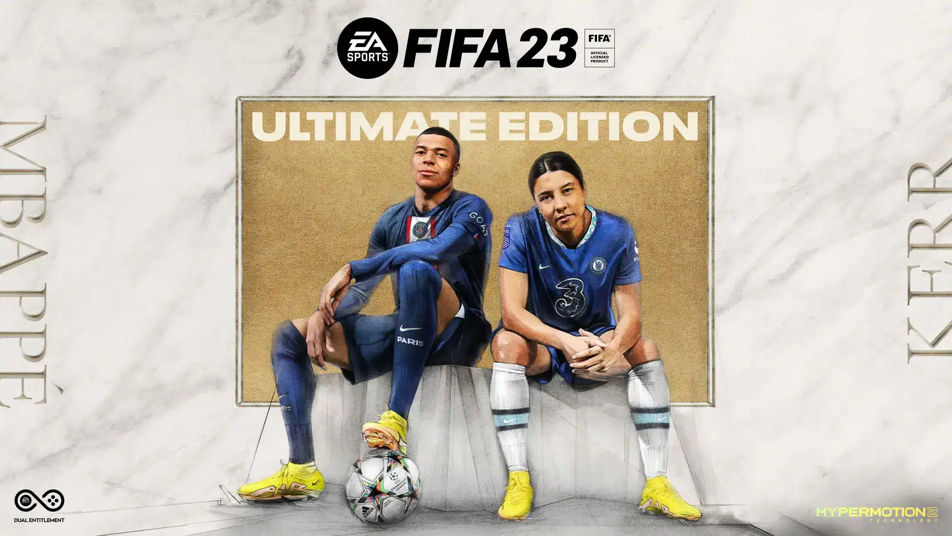 Kylian Mbappe and Sam Kerr on the FIFA 23 Ultimate Edition cover art.
